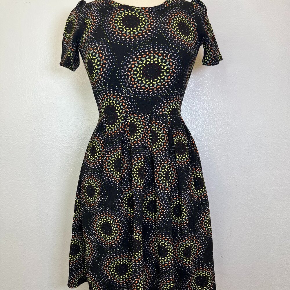 LulaRoe Amelia BLack Multicolor Geometric Print Dress Size XXS